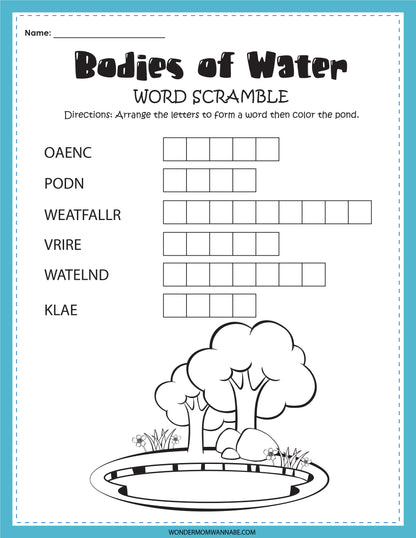 Word scramble worksheet titled "Bodies of Water" with scrambled words and blank boxes for solutions. Instructions state to unscramble the words then color the pond illustration at the bottom. This educational activity, the Bodies of Water Activity Set, is available as a digital product from Wondermom Shop.