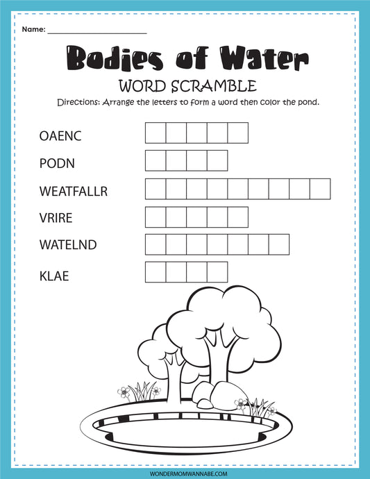 Word scramble worksheet titled "Bodies of Water" with scrambled words and blank boxes for solutions. Instructions state to unscramble the words then color the pond illustration at the bottom. This educational activity, the Bodies of Water Activity Set, is available as a digital product from Wondermom Shop.