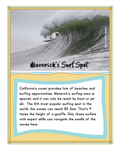 A surfer rides a large wave at Maverick's Surf Spot in California, which is renowned for its unique, expert-only surfing conditions and ranks as the 6th most popular surfing location in the world. For more fascinating California fun facts, explore our California Travel Guide and Activity Kit for Kids from Wondermom Shop!