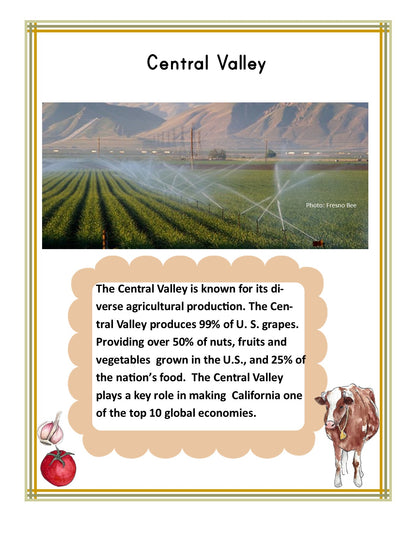 Image showcasing text against an agricultural backdrop. The text highlights the impressive agricultural output of Central Valley, which produces 99% of U.S. grapes and more than half of the nation's nuts, fruits, and vegetables—ideal for any California Travel Guide and Activity Kit for Kids by Wondermom Shop, perfect for young explorers interested in California fun facts.