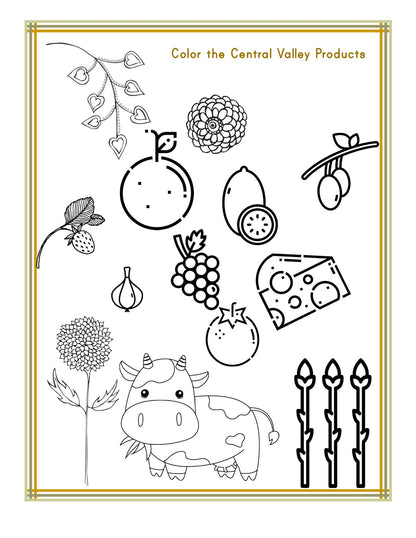 Introducing the California Travel Guide and Activity Kit for Kids from Wondermom Shop! This printable activity kit features a coloring page titled "Color the Central Valley Products," showcasing illustrations of fruits, vegetables, a cow, flowers, and cheese. Additionally, it includes fun facts about California to enhance your knowledge while you color.