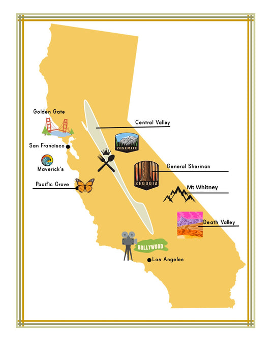 Discover the California Travel Guide and Activity Kit for Kids by Wondermom Shop, featuring a stylized map of California with highlights of famous landmarks like the Golden Gate Bridge, San Francisco, Central Valley, General Sherman, Mt. Whitney, Death Valley, Hollywood, and more. Ideal for an engaging travel guide or as part of a printable activity kit full of fun facts!
