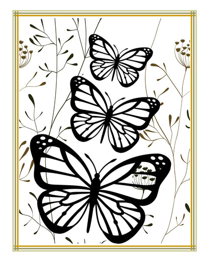 Illustration of three black and white butterflies on a white background with a border and subtle floral patterns, ideal for featuring in the Wondermom Shop's "California Travel Guide and Activity Kit for Kids.