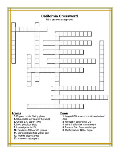 Introducing the "California Travel Guide and Activity Kit for Kids" by Wondermom Shop, featuring an engaging crossword puzzle titled "California Crossword." This printable activity kit includes clues related to California's features, culture, and landmarks. The grid offers both across and down clues to be solved, making it a fun and informative travel guide packed with fascinating facts about California!