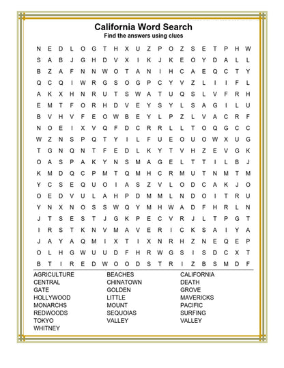 Discover the California Travel Guide and Activity Kit for Kids by Wondermom Shop – a fun-filled printable adventure that combines a California-themed word search puzzle with a grid of random letters and a list of words at the bottom, including agriculture, beaches, Hollywood, redwoods, surfing, and Valley. This kit also serves as an educational travel guide packed with fascinating California fun facts.