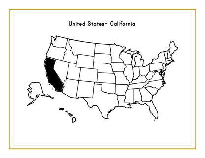 A map of the United States with California highlighted in black, ideal for incorporating into the California Travel Guide and Activity Kit for Kids from Wondermom Shop.