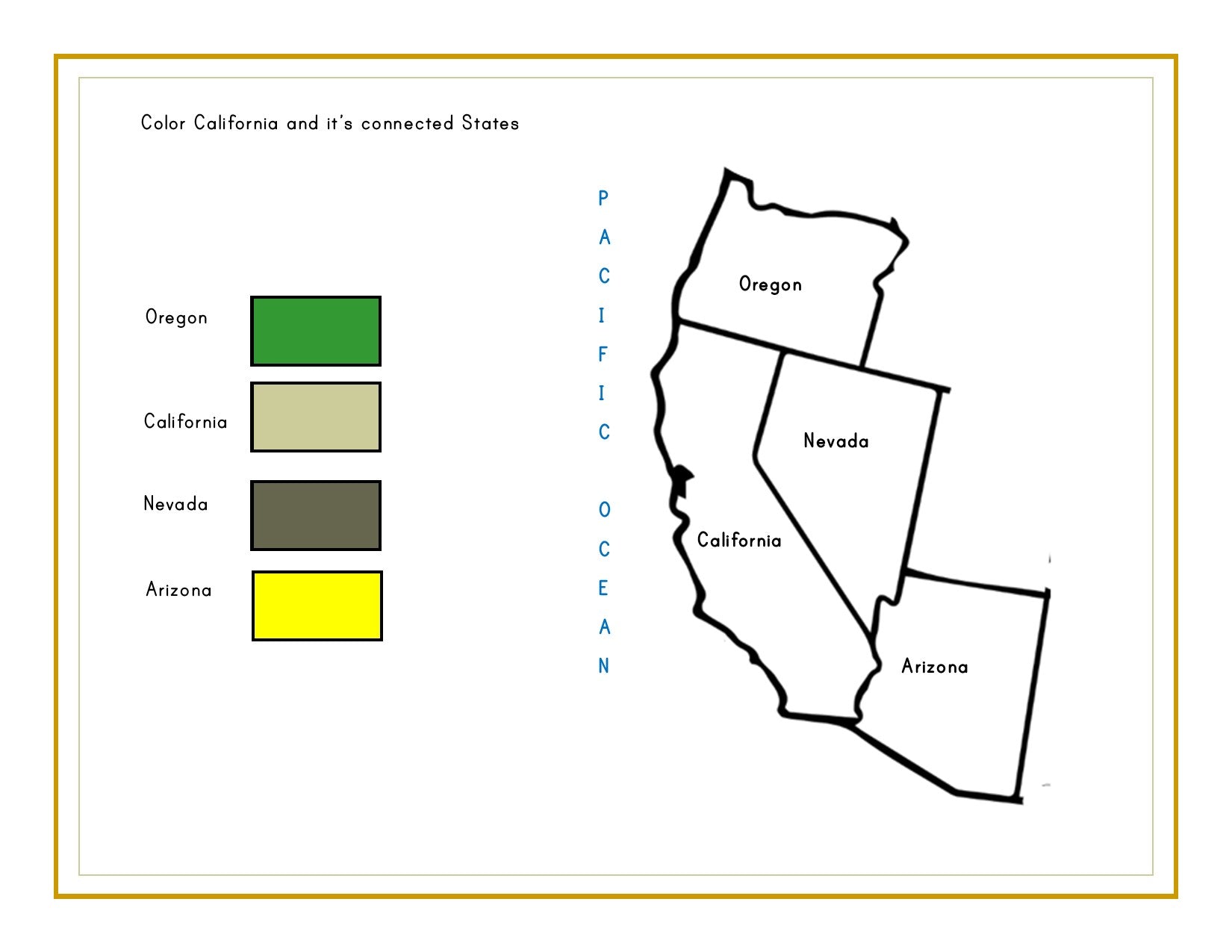 A map of the Western United States highlights Oregon, California, Nevada, and Arizona with colored keys: Oregon in dark green, California in light green, Nevada in beige, and Arizona in yellow. This is ideal for the **California Travel Guide and Activity Kit for Kids** by **Wondermom Shop**.