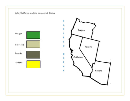 A map of the Western United States highlights Oregon, California, Nevada, and Arizona with colored keys: Oregon in dark green, California in light green, Nevada in beige, and Arizona in yellow. This is ideal for the **California Travel Guide and Activity Kit for Kids** by **Wondermom Shop**.