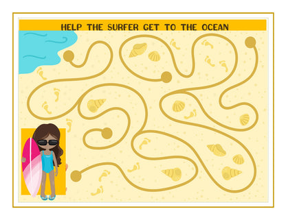 Maze puzzle featuring a surfer carrying a pink surfboard on a sandy beach with pathways leading to the ocean, decorated with seashells and footprints. Header text: "Help the surfer get to the ocean." A perfect addition to the California Travel Guide and Activity Kit for Kids by Wondermom Shop.