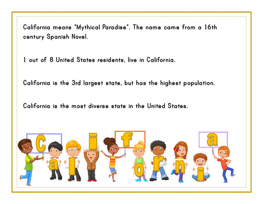 Introducing the Wondermom Shop's "California Travel Guide and Activity Kit for Kids" – an engaging informational poster about California that includes fun facts on its name, population, and diversity. This vibrant poster also features children holding letter blocks spelling "California," making it perfect for a printable activity kit designed to captivate kids as they explore more about the Golden State.