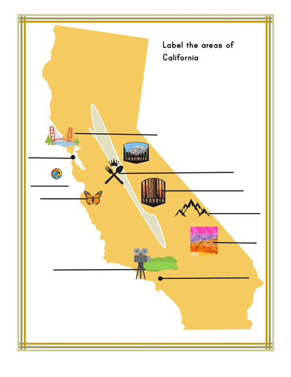 The California Travel Guide and Activity Kit for Kids by Wondermom Shop features a vibrant map adorned with icons representing the Golden Gate Bridge, Yosemite, a surfer, a butterfly, Sequoia trees, a mountain range, and a film camera. This educational map is ideal as part of an activity kit for kids to discover fun facts about California.