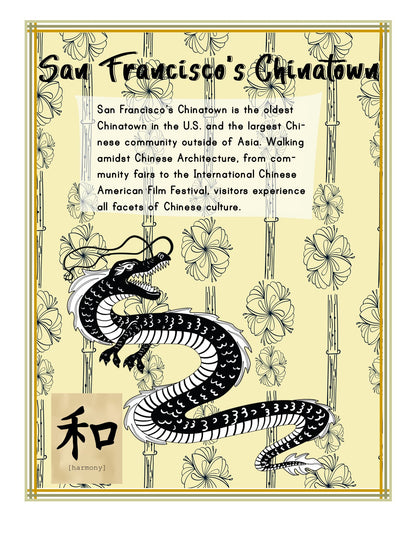 Stylized poster of San Francisco's Chinatown from Wondermom Shop's California Travel Guide and Activity Kit for Kids, featuring a black dragon and text describing it as the oldest Chinatown in the U.S. The poster highlights its community fairs, Chinese cultural experiences, and fun California facts. An ideal addition to any travel guide or printable activity pack!