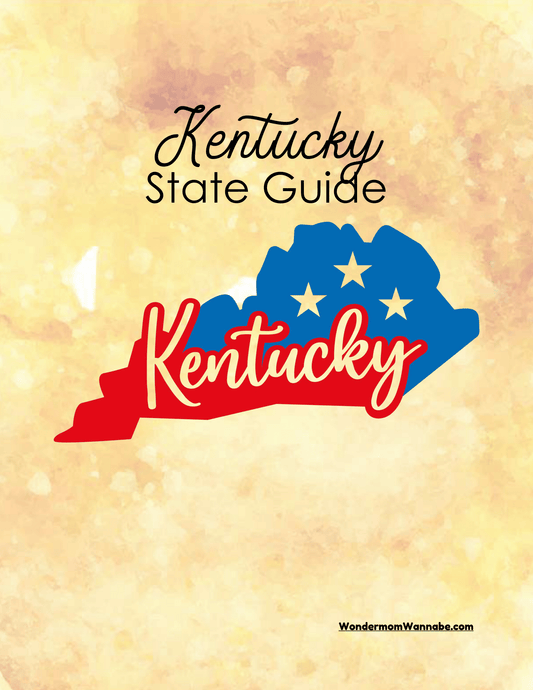 Cover of the "Kentucky Travel Guide and Activity Kit for Kids" by Wondermom Shop, featuring a stylized map of Kentucky with stars and the word “Kentucky” on a yellow background.