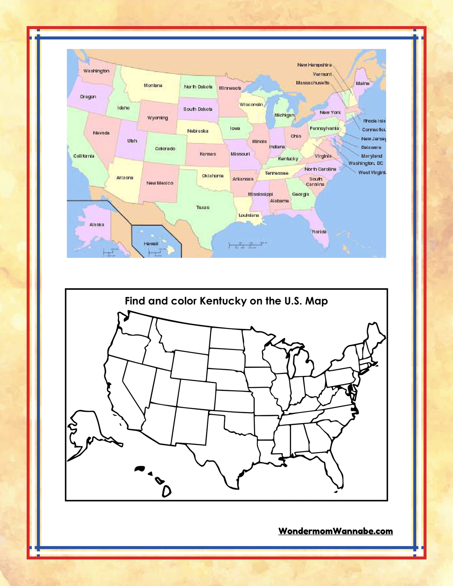 The Kentucky Travel Guide and Activity Kit for Kids by Wondermom Shop includes a worksheet with a colored political map of the United States above a blank outline map, instructing children to find and color Kentucky. This engaging activity is perfect for Kentucky state activities or as an educational add-on to any Kentucky travel guide.