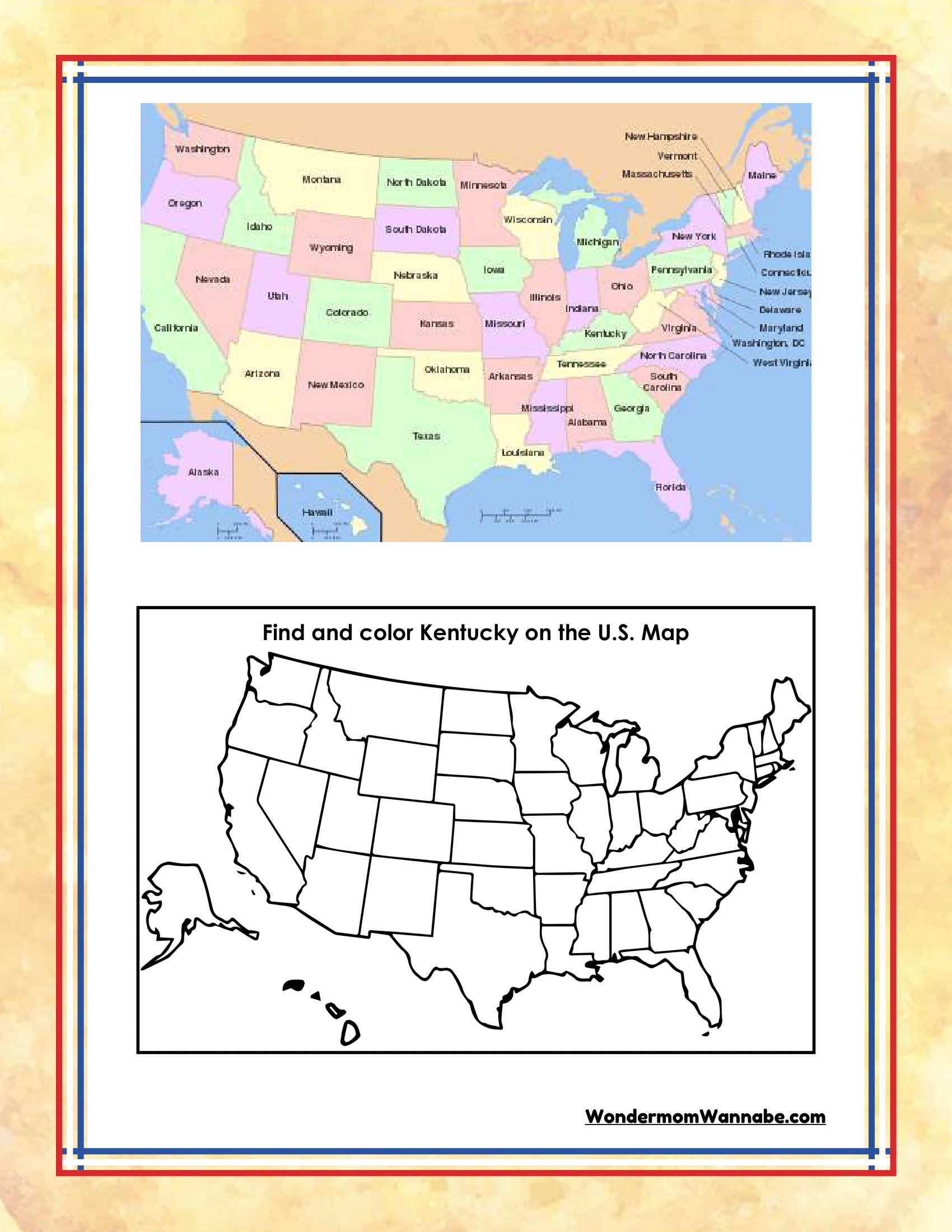 The Kentucky Travel Guide and Activity Kit for Kids by Wondermom Shop includes a worksheet with a colored political map of the United States above a blank outline map, instructing children to find and color Kentucky. This engaging activity is perfect for Kentucky state activities or as an educational add-on to any Kentucky travel guide.