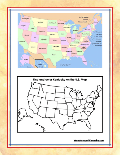 The Kentucky Travel Guide and Activity Kit for Kids by Wondermom Shop includes a worksheet with a colored political map of the United States above a blank outline map, instructing children to find and color Kentucky. This engaging activity is perfect for Kentucky state activities or as an educational add-on to any Kentucky travel guide.
