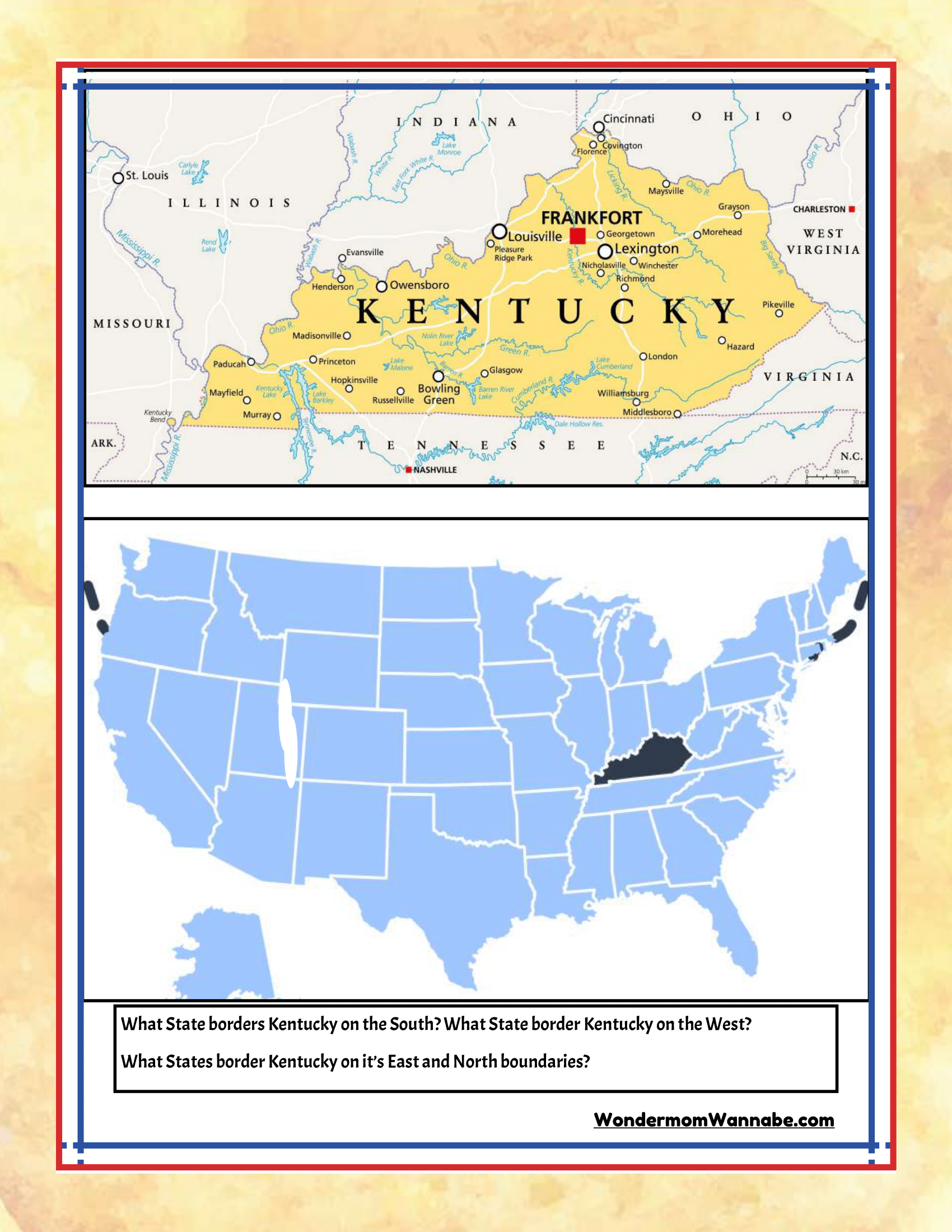 Map of Kentucky highlighting its borders. Kentucky is outlined, with neighboring states labeled. A question at the bottom asks about the states bordering Kentucky to the South, West, East, and North. This makes a great tool for planning your next adventure with Wondermom Shop's comprehensive "Kentucky Travel Guide and Activity Kit for Kids.