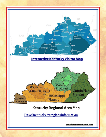The Kentucky Travel Guide and Activity Kit for Kids from Wondermom Shop features an interactive map of Kentucky divided into various regions like Outer Bluegrass, Western Coal Fields, and Cumberland Plateau, with highlighted text such as "Interactive Kentucky Visitor Map," "Kentucky Regional Area Map," and "Kentucky Family Attractions.