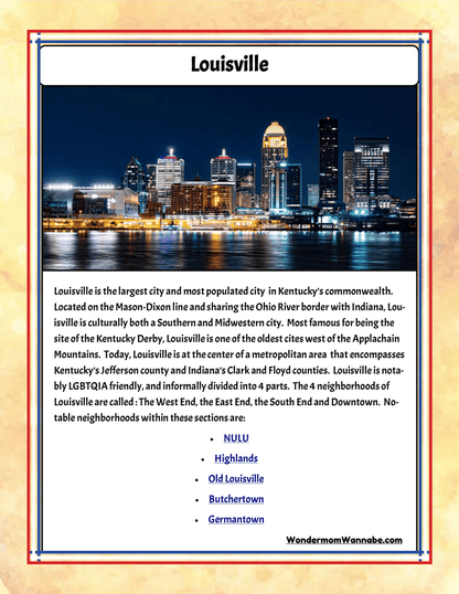 A city skyline at night with text overlay providing information about Louisville, its geography, cultural significance, and the main neighborhoods: NULU, Highlands, Old Louisville, Butchertown, and Germantown. Discover more in the Kentucky Travel Guide and Activity Kit for Kids by Wondermom Shop for insights on top Kentucky state activities and family attractions.