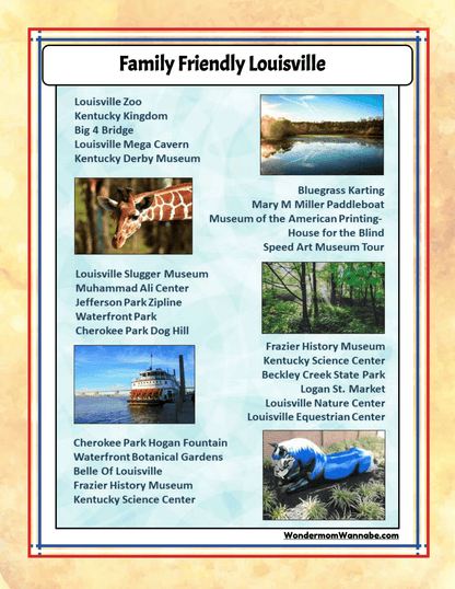 The "Kentucky Travel Guide and Activity Kit for Kids" by Wondermom Shop features a poster titled "Family Friendly Louisville," which lists must-visit attractions such as the Louisville Zoo, Kentucky Kingdom, Louisville Science Center, Muhammad Ali Museum, Cherokee Park Dog Hill, and more. It's perfect for highlighting essential spots in a Kentucky travel guide.