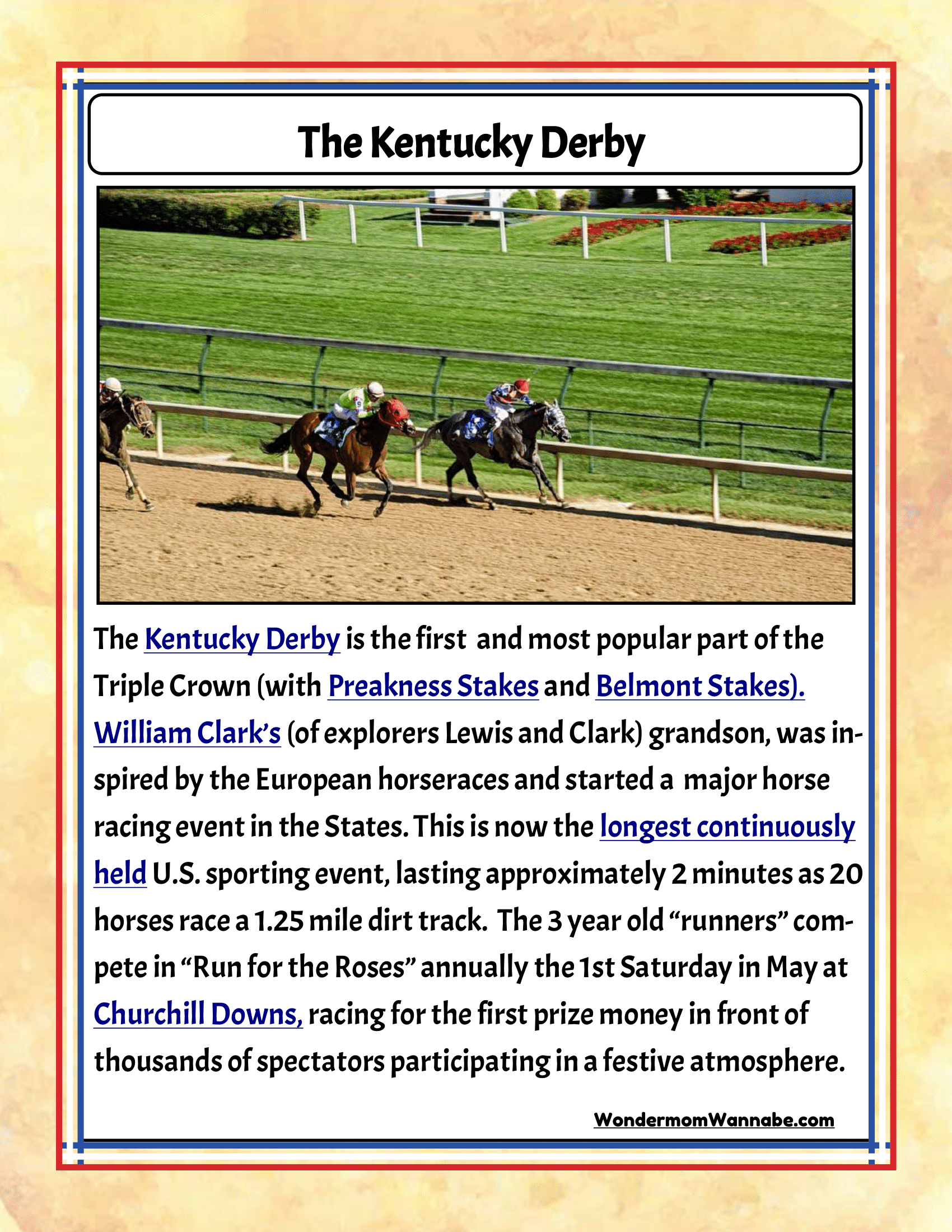 Informational poster about the Kentucky Derby, detailing its history, significance, duration, and associated events like the Preakness Stakes and Belmont Stakes. Includes an image of horses racing. Perfect addition to the Wondermom Shop’s "Kentucky Travel Guide and Activity Kit for Kids," ideal for exploring state activities and family attractions.