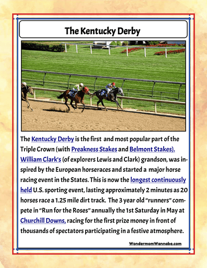 Informational poster about the Kentucky Derby, detailing its history, significance, duration, and associated events like the Preakness Stakes and Belmont Stakes. Includes an image of horses racing. Perfect addition to the Wondermom Shop’s "Kentucky Travel Guide and Activity Kit for Kids," ideal for exploring state activities and family attractions.