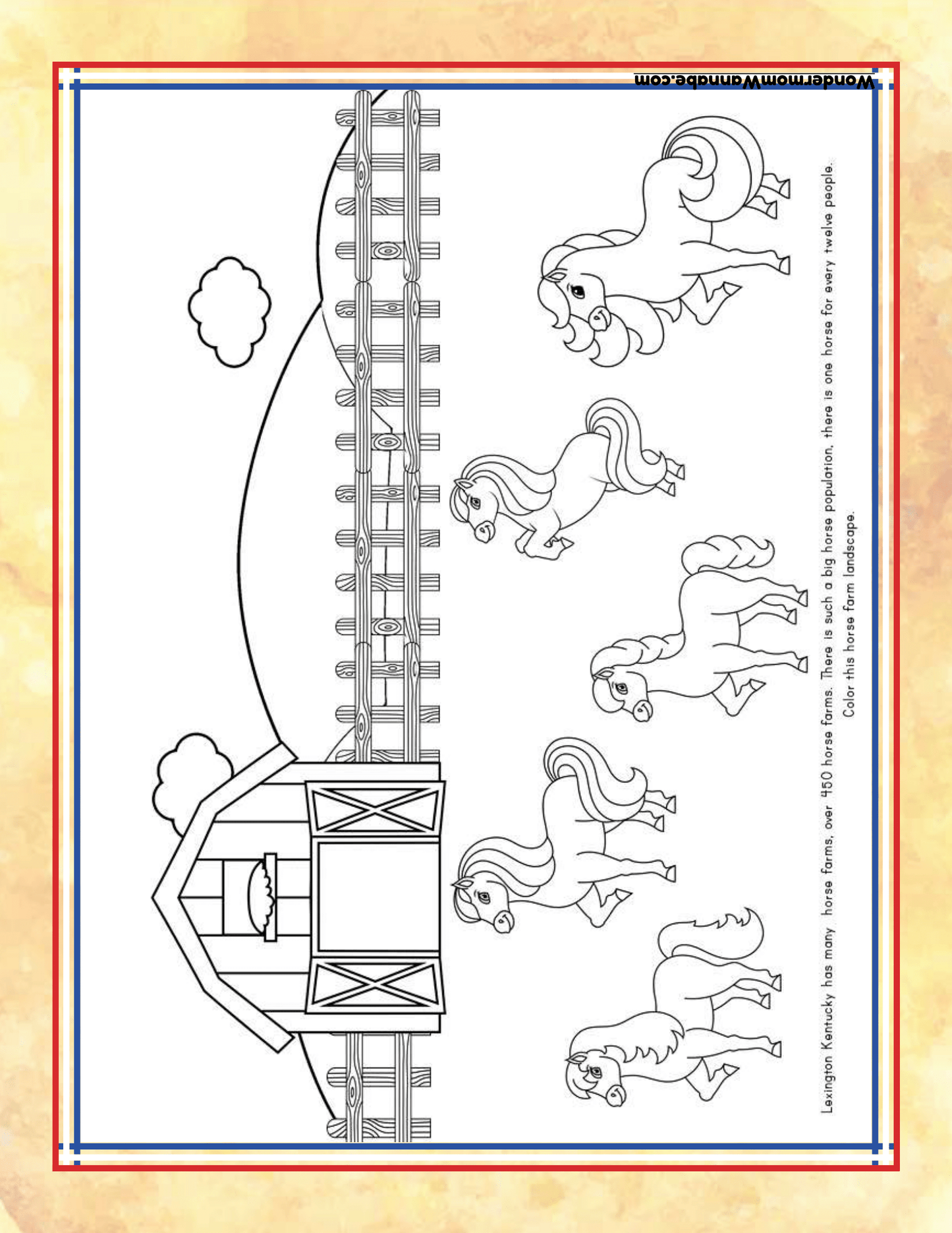 A whimsical coloring page from the "Kentucky Travel Guide and Activity Kit for Kids" by Wondermom Shop illustrates a train track with a crossing gate, a quaint little building, and five adorable cartoon horses, evoking the charm you might discover in a Kentucky travel guide.