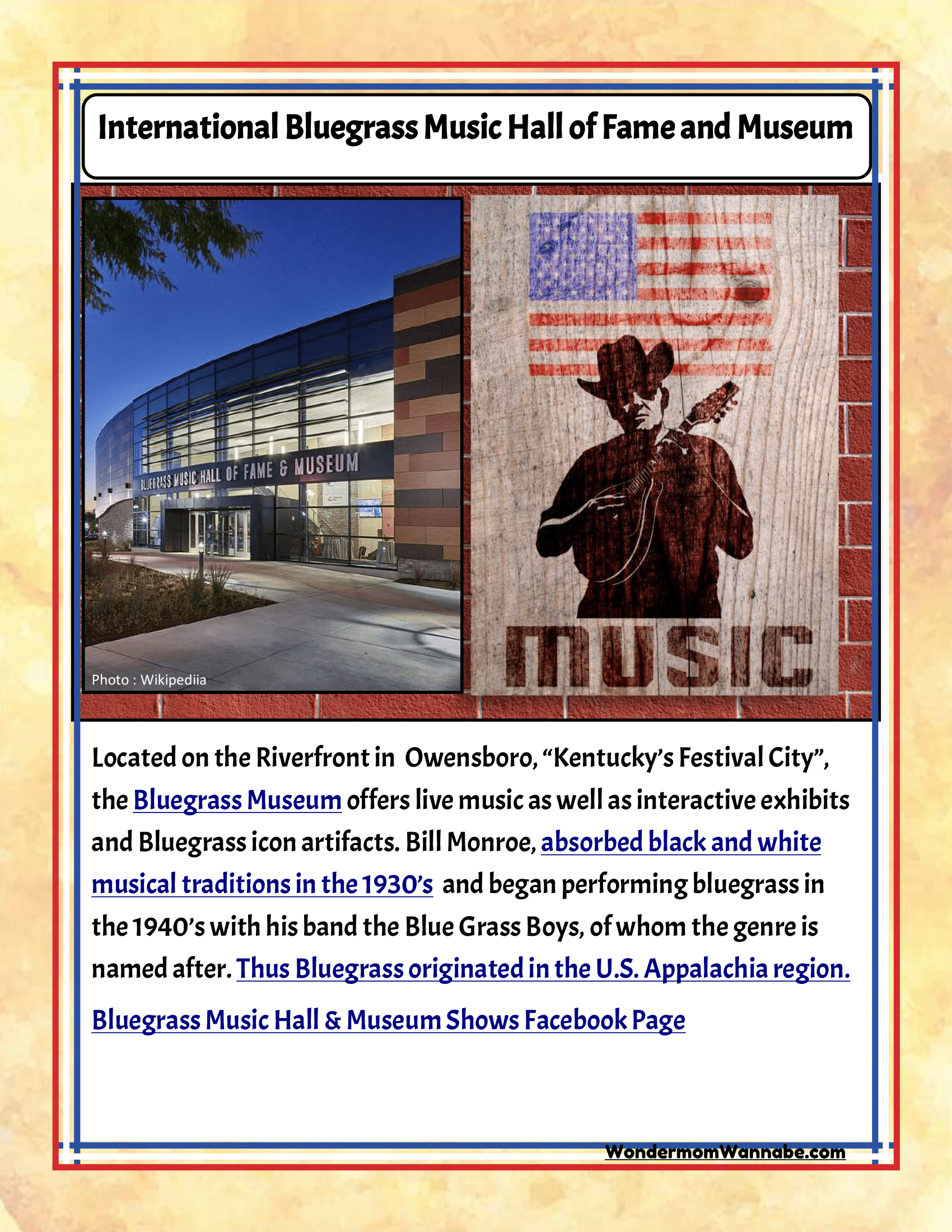 Explore the International Bluegrass Music Hall of Fame and Museum in Owensboro, Kentucky with your family! This essential stop in any Kentucky itinerary features live music, exhibits, and rich history of bluegrass music in the U.S. Appalachia region. Enhance your visit with the "Kentucky Travel Guide and Activity Kit for Kids" by Wondermom Shop, perfect for making your trip educational and fun for everyone.
