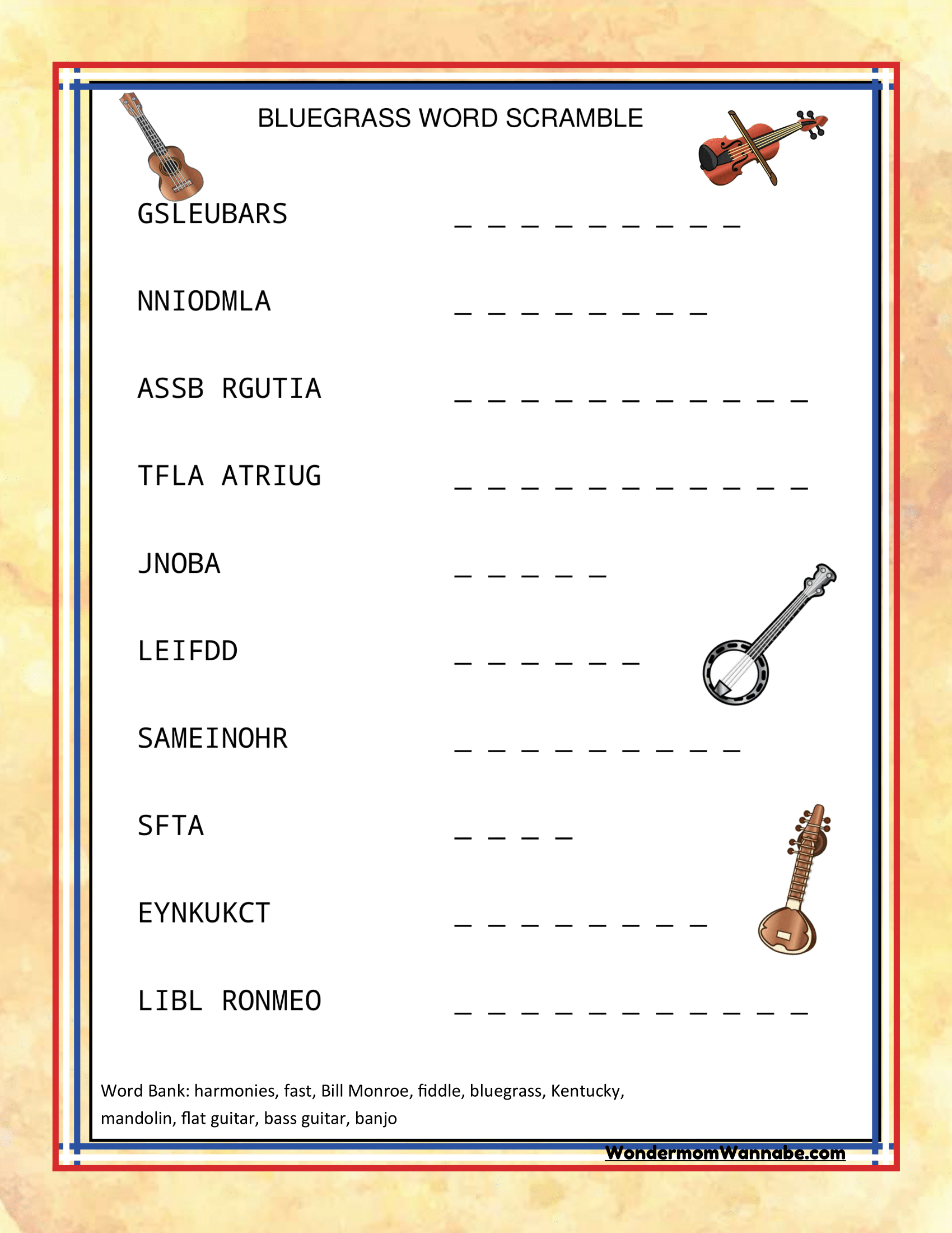 The 'Kentucky Travel Guide and Activity Kit for Kids' from Wondermom Shop features a bluegrass-themed word scramble worksheet with scrambled words and charming illustrations of musical instruments along the edges, making it perfect for those exploring Kentucky state activities.