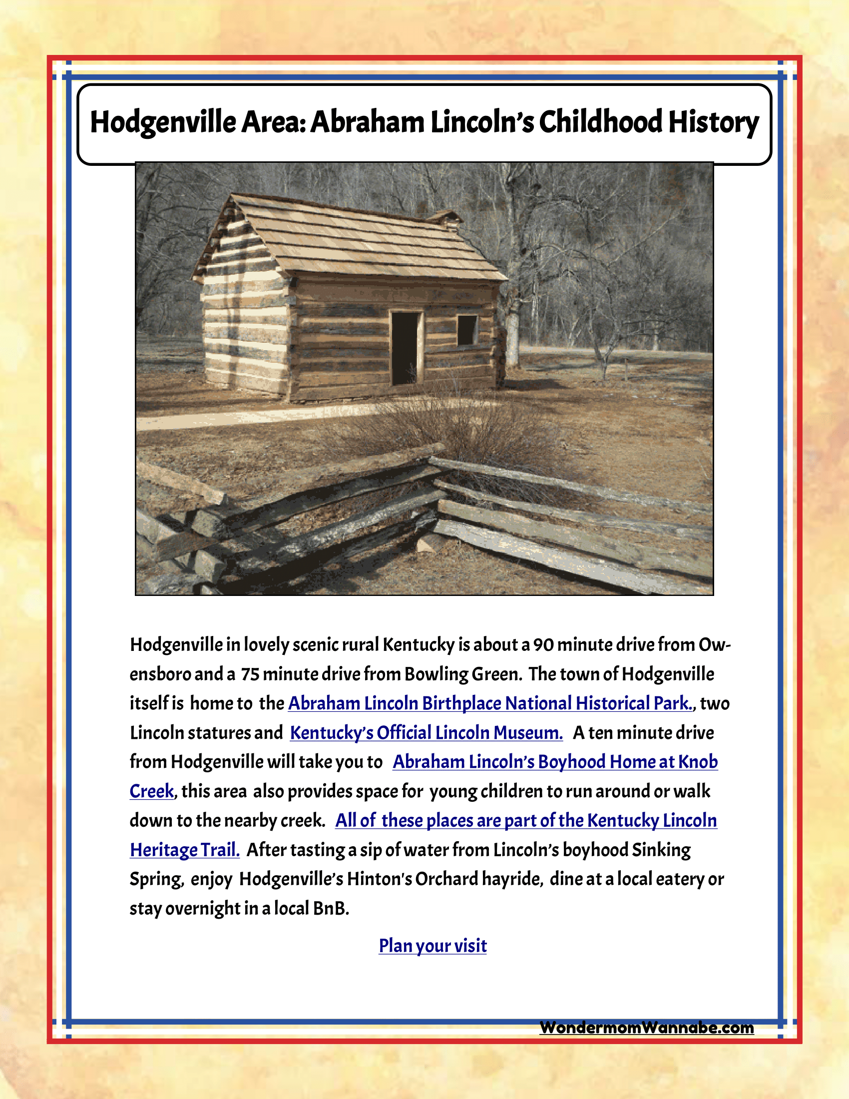 Image of an informative poster from Wondermom Shop's "Kentucky Travel Guide and Activity Kit for Kids," highlighting Hodgenville, Kentucky, with a focus on Abraham Lincoln's childhood history. Featuring a log cabin and notable points of interest such as Lincoln-related museums and historical sites, it's perfect for families seeking attractions in Kentucky as part of their travel plans.
