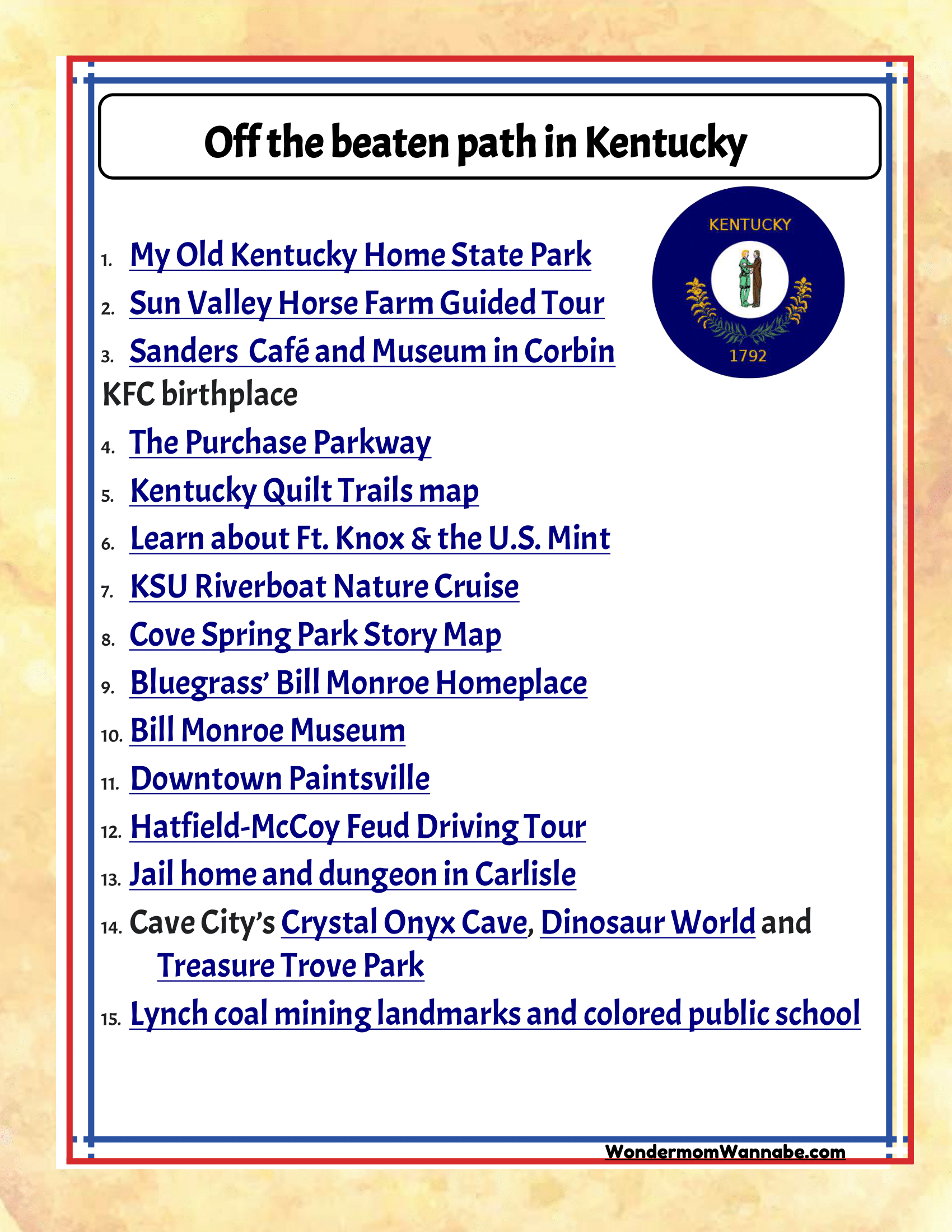 A product titled "Kentucky Travel Guide and Activity Kit for Kids" by Wondermom Shop features a list called "Off the Beaten Path in Kentucky" with 15 family-friendly attractions, such as parks, museums, tours, and historic sites. The list is printed on a white background with decorative details—perfect for your Kentucky travel guide!