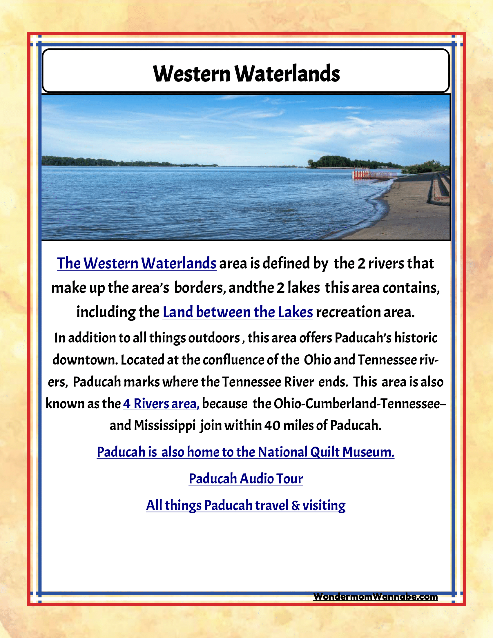 Explore the Western Waterlands with the "Kentucky Travel Guide and Activity Kit for Kids" from Wondermom Shop! This informational poster features rivers, historic downtown areas, audio tours, and nearby attractions such as the National Quilt Museum and Paducah. A must-have for your travel guide to Kentucky, it’s packed with state activities and family attractions suitable for all ages.