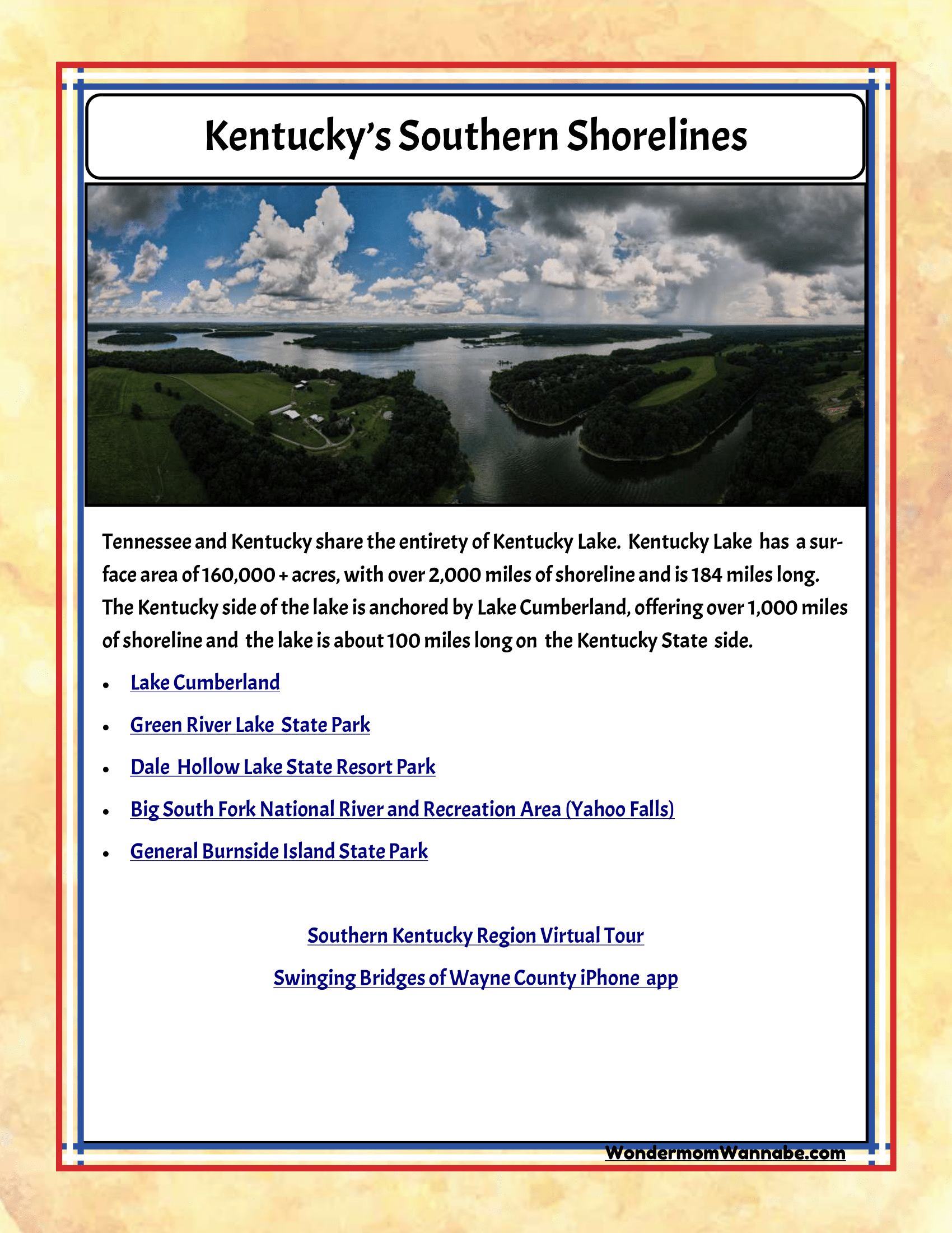 A poster from Wondermom Shop's "Kentucky Travel Guide and Activity Kit for Kids" details Kentucky's Southern Shorelines with a stunning aerial view of a lake. It lists notable lakes and parks such as Lake Cumberland, Green River Lake, and Dale Hollow Lake State Resort Park—making it an ideal addition to any Kentucky travel guide.