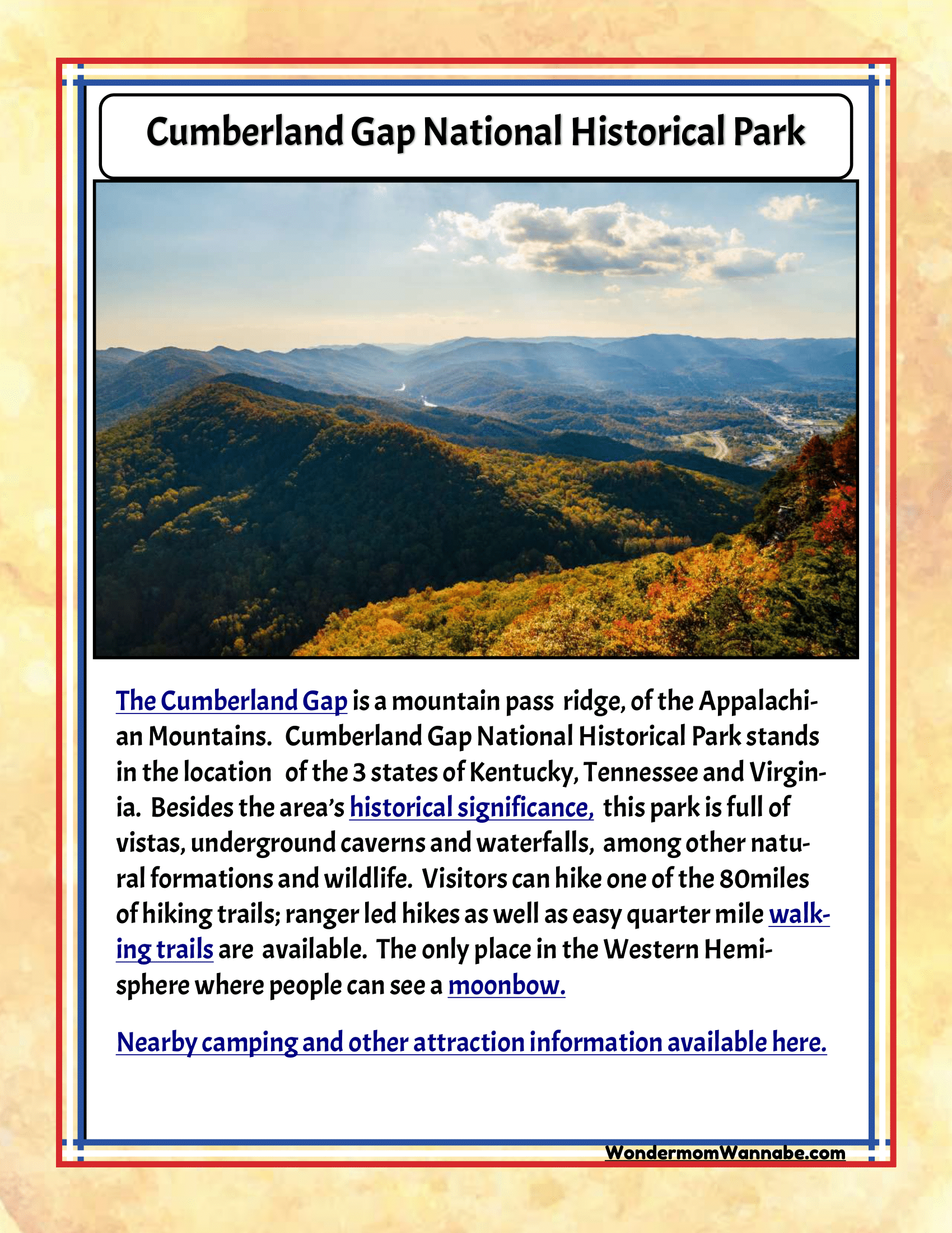 Explore Cumberland Gap National Historical Park, a gem featured in any Kentucky travel guide, including the comprehensive "Kentucky Travel Guide and Activity Kit for Kids" by Wondermom Shop. Discover its geographical significance through trails leading to breathtaking vistas, caverns, and waterfalls – perfect for your next family adventure in Kentucky.