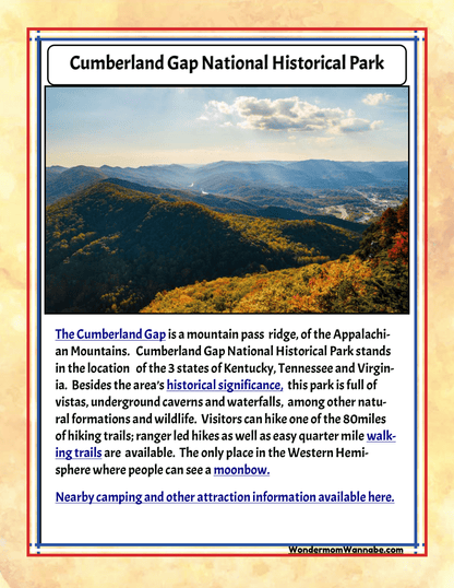 Explore Cumberland Gap National Historical Park, a gem featured in any Kentucky travel guide, including the comprehensive "Kentucky Travel Guide and Activity Kit for Kids" by Wondermom Shop. Discover its geographical significance through trails leading to breathtaking vistas, caverns, and waterfalls – perfect for your next family adventure in Kentucky.