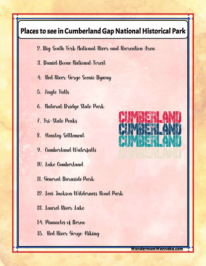 Explore must-see locations in Cumberland Gap National Historical Park such as Big South Fork National River, Red River Gorge, and Eagle Falls. The Kentucky Travel Guide and Activity Kit for Kids from Wondermom Shop is perfect for discovering these family attractions, highlighted with a colorful text design in the center.