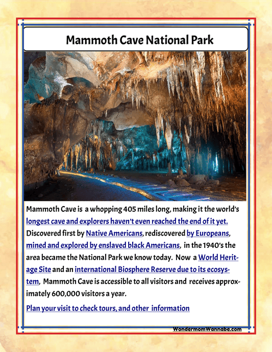 Explore the wonders of Mammoth Cave National Park with the Kentucky Travel Guide and Activity Kit for Kids by Wondermom Shop. This engaging informational poster highlights the world's longest cave system, delves into its rich historical background, and provides details on visitor accessibility. It's an ideal addition for families seeking exciting Kentucky attractions and looking to enrich their travel guide with a unique adventure.
