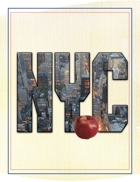 The image showcases the letters "NYC" filled with aerial city images, featuring a red apple at the bottom center of the letter "Y." Set against a beige textured background, this captures Manhattan Points of Interest, making it perfect for the New York City Travel Guide and Activity Kit for Kids by Wondermom Shop.
