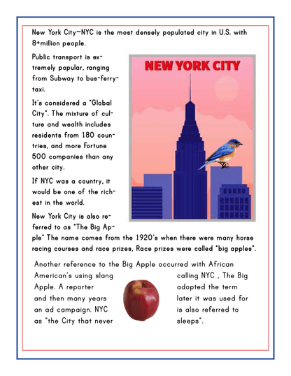 Poster about New York City featuring facts about its population, cultural significance, and nickname "The Big Apple." Includes an image of the city's skyline, a bird, and an apple. Discover more in our Wondermom Shop's New York City Travel Guide and Activity Kit for Kids for Manhattan Points of Interest and NYC Family Friendly Destinations.