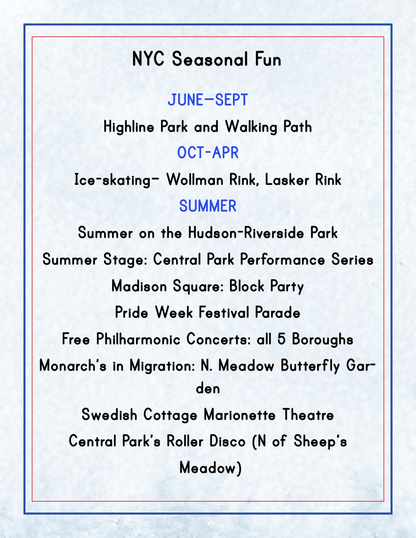 The "New York City Travel Guide and Activity Kit for Kids" from Wondermom Shop, titled "NYC Seasonal Fun," serves as your ultimate guide to New York City's activities, events, and Manhattan points of interest throughout the different seasons. It highlights attractions such as Highline Park, ice-skating rinks, free concerts, and more—making it the perfect resource for NYC family-friendly destinations.