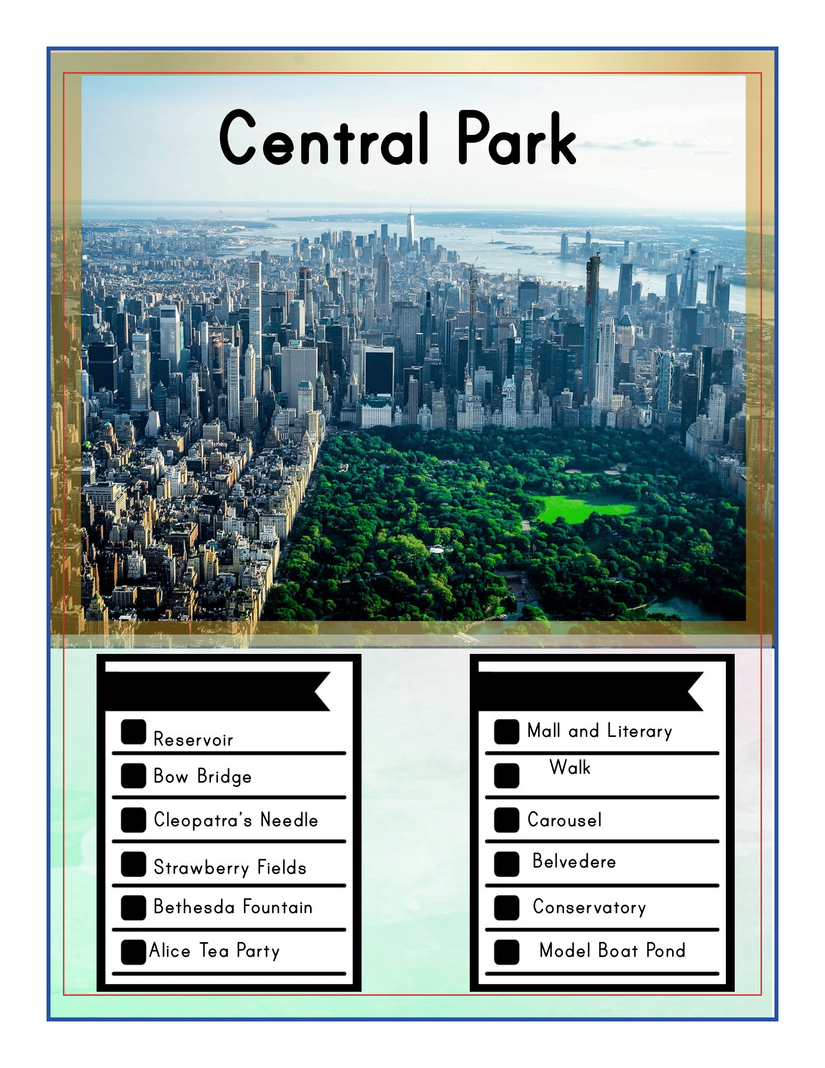 Check out the aerial view of Central Park, complete with a checklist of attractions such as the Reservoir, Bow Bridge, Cleopatra's Needle, Strawberry Fields, Bethesda Fountain, Alice Tea Party, and more below the photo! This snapshot is perfect for showcasing popular NYC Family Friendly Destinations or those exploring Manhattan Points of Interest. Enhance your adventure with the New York City Travel Guide and Activity Kit for Kids by Wondermom Shop!