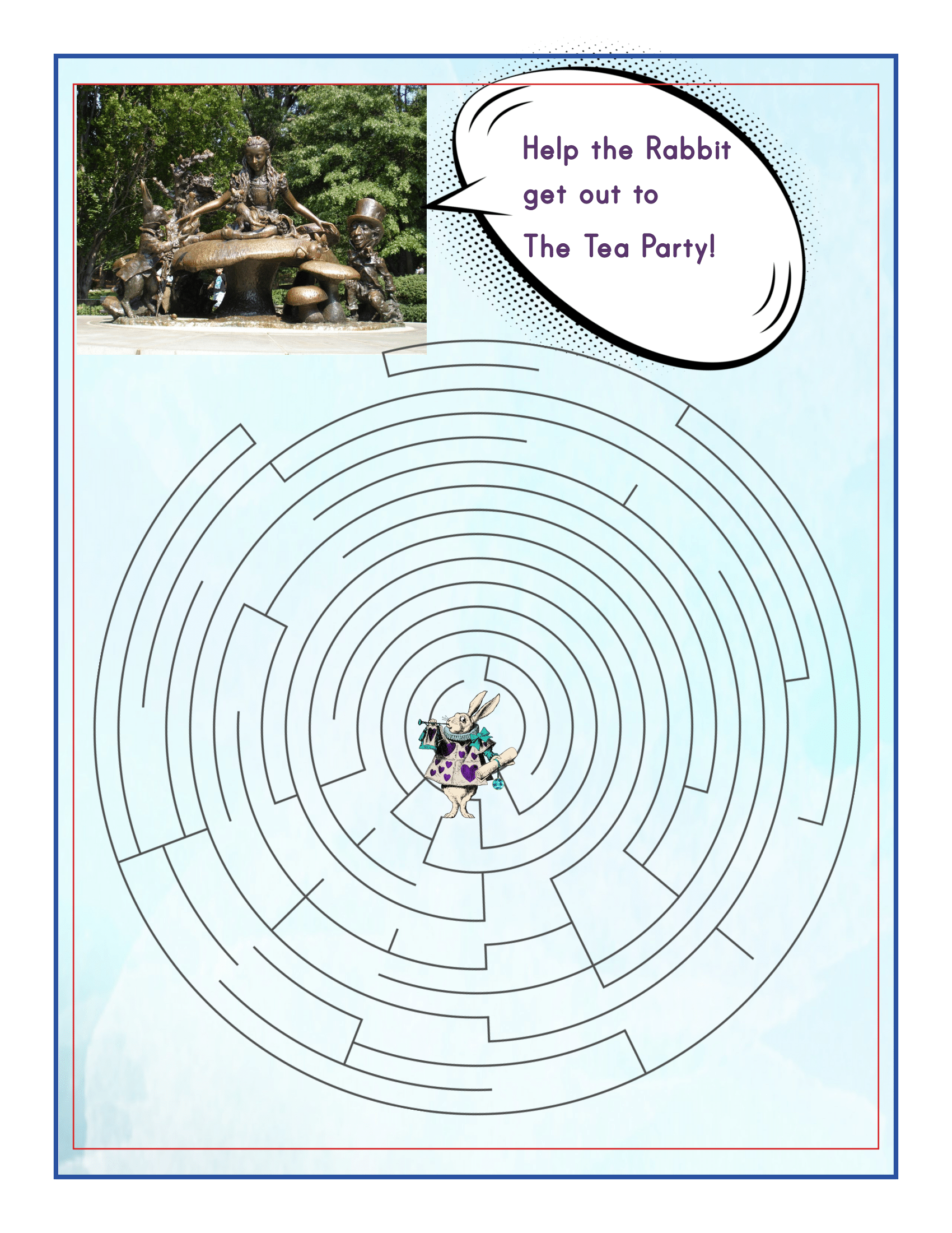 A maze puzzle with an illustration of a rabbit carrying a teapot in the center. The rabbit needs to navigate the maze to reach a group of bronze statues depicted in the top left corner, mirroring the adventure found in the New York City Travel Guide and Activity Kit for Kids by Wondermom Shop.