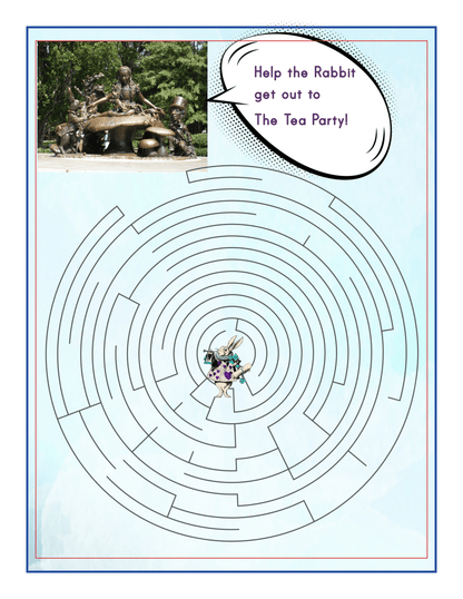 A maze puzzle with an illustration of a rabbit carrying a teapot in the center. The rabbit needs to navigate the maze to reach a group of bronze statues depicted in the top left corner, mirroring the adventure found in the New York City Travel Guide and Activity Kit for Kids by Wondermom Shop.