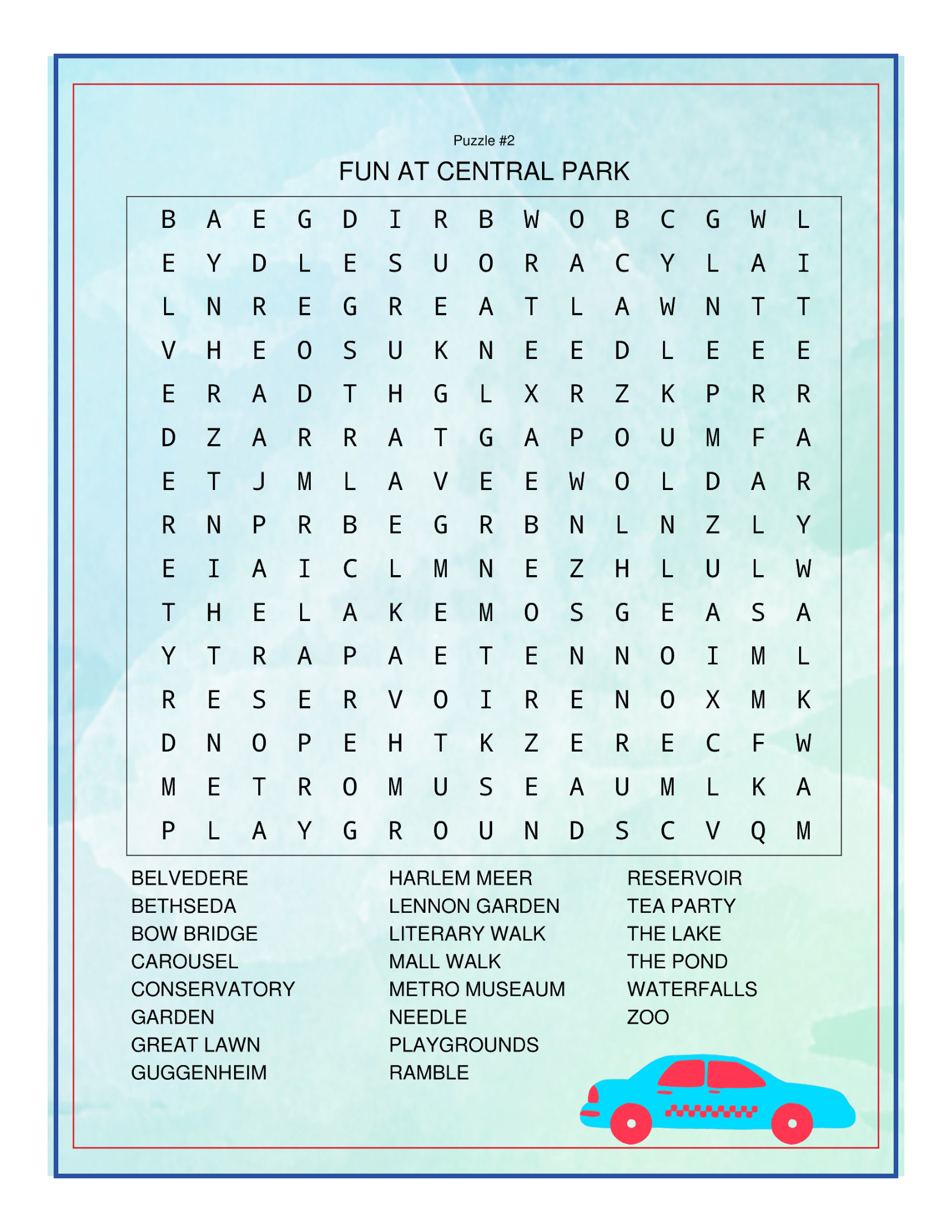 The "New York City Travel Guide and Activity Kit for Kids" by Wondermom Shop includes a word search puzzle titled "Fun at Central Park," featuring words like "BETHESDA," "CAROUSEL," and "ZOO" at the bottom. The background showcases a blue gradient design with a small car illustration, making it a perfect addition to any NYC Family Friendly Destinations itinerary!