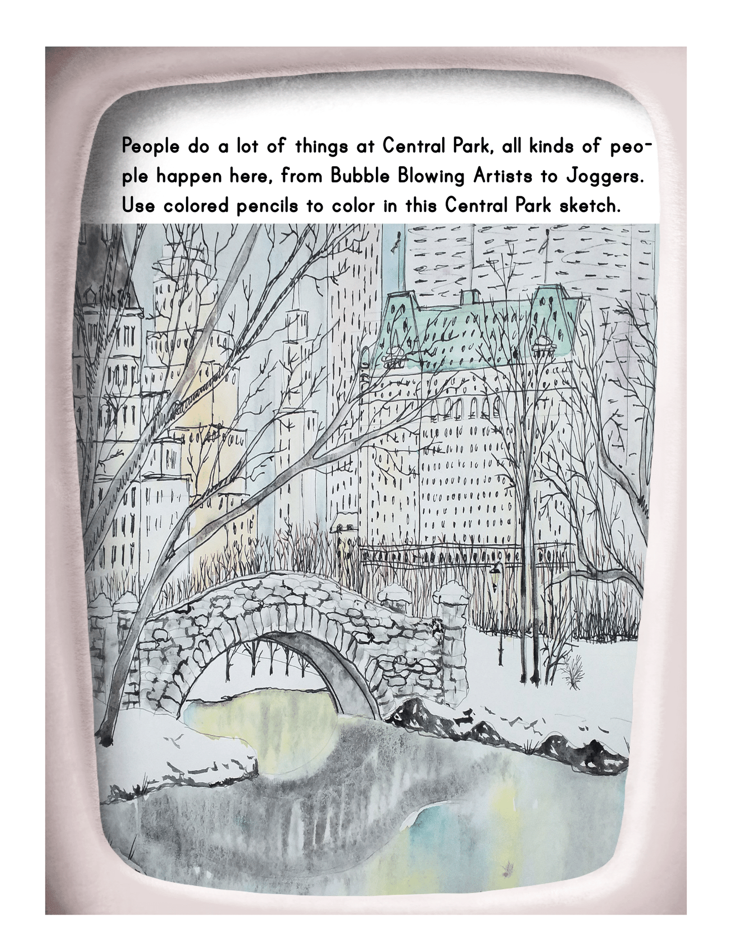 A colored sketch of Central Park from the **New York City Travel Guide and Activity Kit for Kids** by **Wondermom Shop** depicts a stone bridge over a stream, with trees and buildings in the background. Text at the top describes various activities people do in Central Park, one of the top Manhattan points of interest mentioned in any New York City travel guide.
