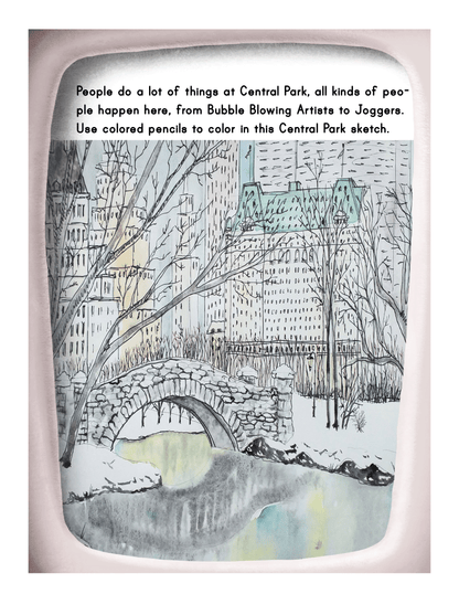A colored sketch of Central Park from the **New York City Travel Guide and Activity Kit for Kids** by **Wondermom Shop** depicts a stone bridge over a stream, with trees and buildings in the background. Text at the top describes various activities people do in Central Park, one of the top Manhattan points of interest mentioned in any New York City travel guide.