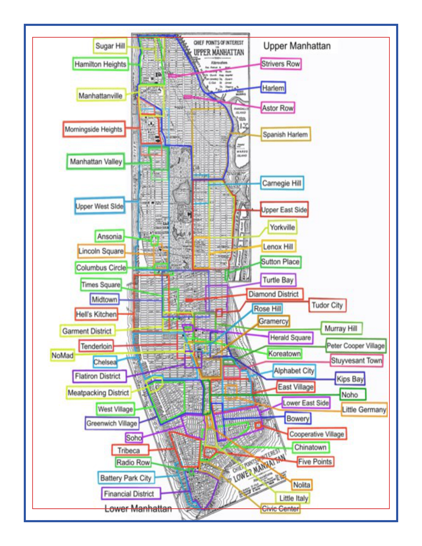 Explore the vibrant tapestry of NYC Family Friendly Destinations with the New York City Travel Guide and Activity Kit for Kids from Wondermom Shop. This detailed map of Manhattan features neighborhoods like Harlem, Upper West Side, Midtown, East Village, and Lower East Side highlighted in different colors.
