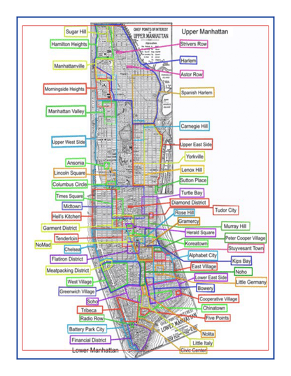 Explore the vibrant tapestry of NYC Family Friendly Destinations with the New York City Travel Guide and Activity Kit for Kids from Wondermom Shop. This detailed map of Manhattan features neighborhoods like Harlem, Upper West Side, Midtown, East Village, and Lower East Side highlighted in different colors.