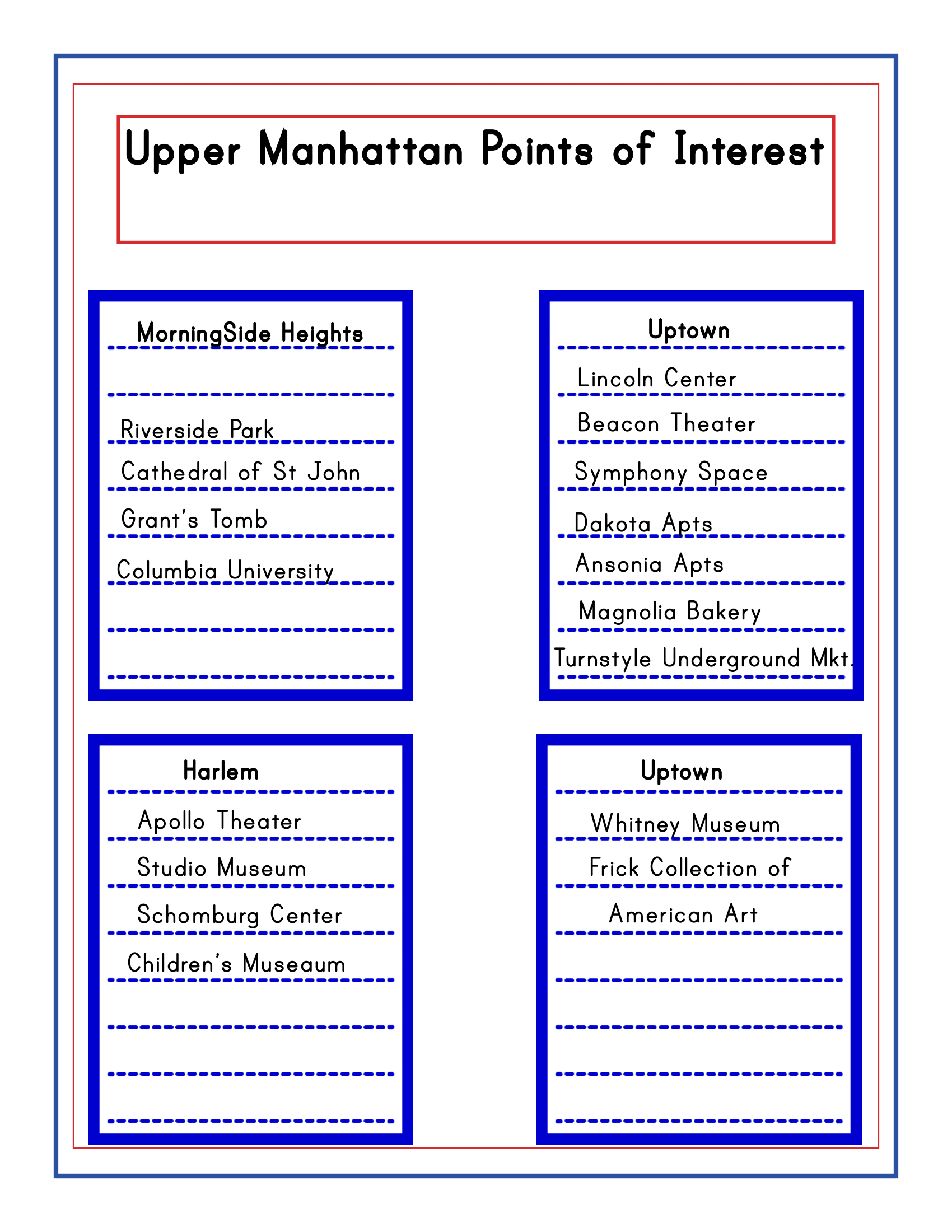 A list titled "Upper Manhattan Points of Interest" features notable locations in Morningside Heights, Harlem, and Uptown, including parks, theaters, museums, and historical sites. Perfect as the **New York City Travel Guide and Activity Kit for Kids** by **Wondermom Shop**, it’s organized into three detailed sections.
