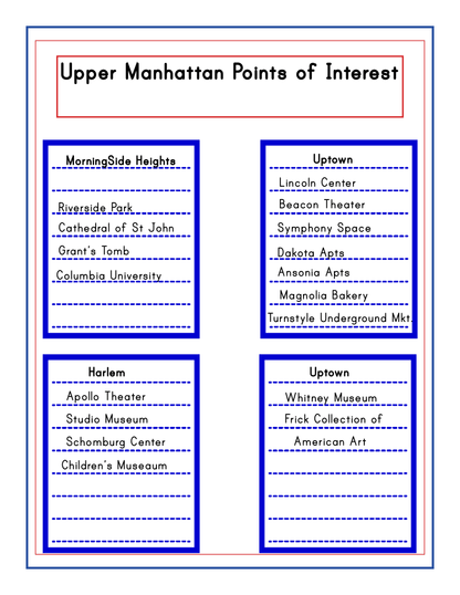 A list titled "Upper Manhattan Points of Interest" features notable locations in Morningside Heights, Harlem, and Uptown, including parks, theaters, museums, and historical sites. Perfect as the **New York City Travel Guide and Activity Kit for Kids** by **Wondermom Shop**, it’s organized into three detailed sections.